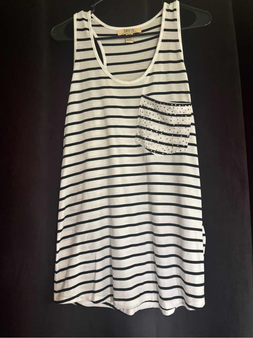 David Kahn Black and White Striped Tank with Studded Pocket